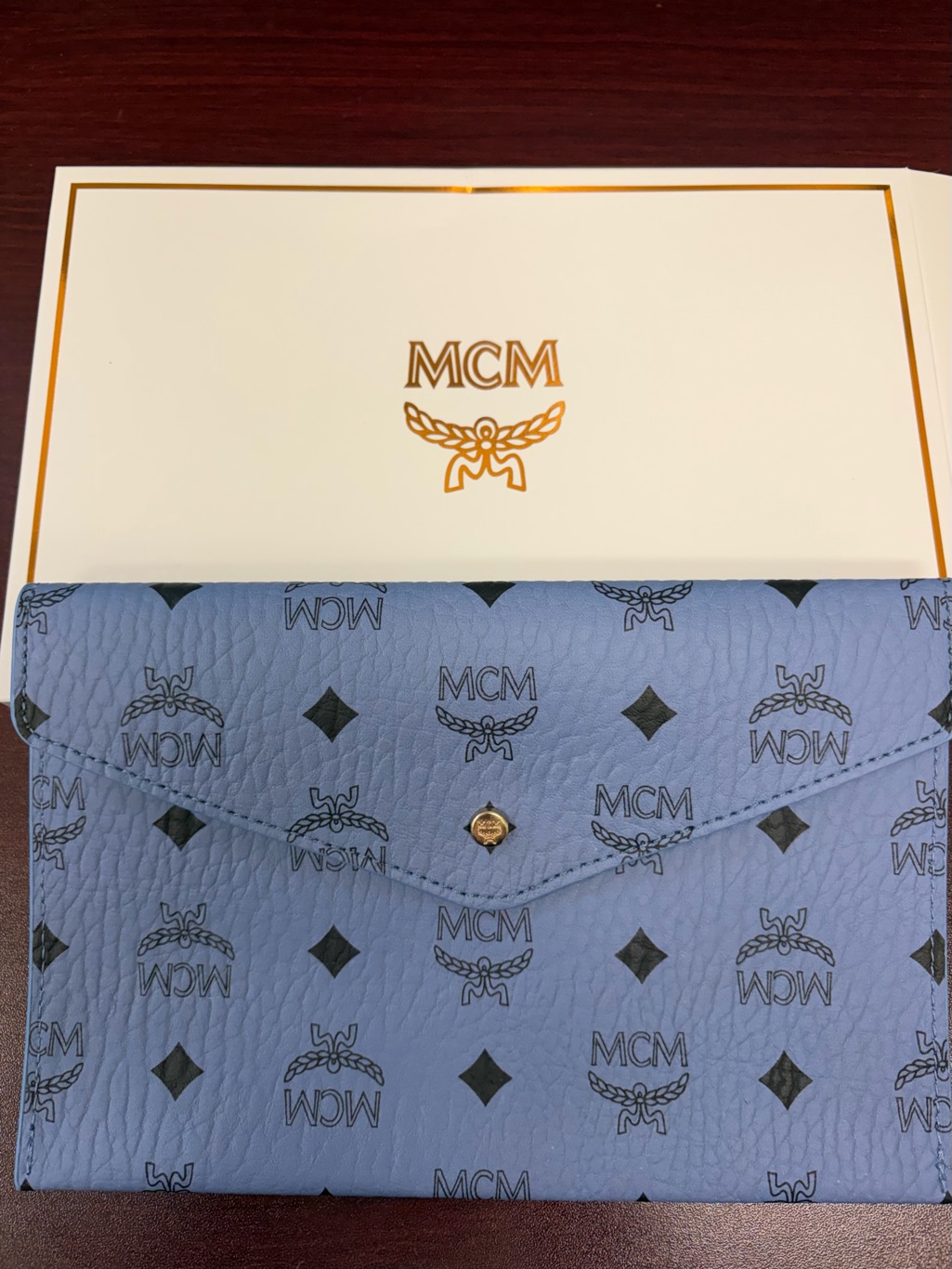 Mcm Powder Blue Logo Envelope Clutch Pouch